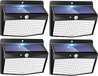 Peasur Lampe Solaire Exterieur Detecteur de Mouvement Lot de 4, LED Lumiere Extérieur avec Détecteur, 3 Modes/etanche Spot Solaire, Eclairage Extérieure pour Jardin Murale Garage, Blanc Froid