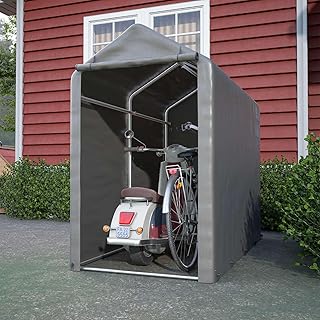 BIRCHTREE Abri de jardin imperméable de 1,8 m * 1 m Anti-UV pour vélos et motos Cadre en acier PE avec fermeture éclair Porte petite Gris