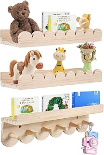 Set de 3 Étagères Murales Enfant en Bois Massif - Bibliothèque avec 6 Crochets pour Livres & Jouets - Étagère Montessori Blanche 40cm - Étagère Flottante aux Angles Arrondis pour Fille & Garçon