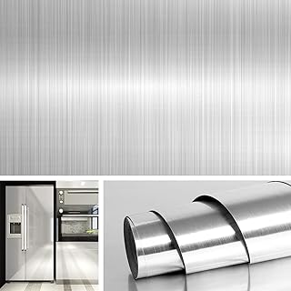 Livelynine Film Adhésif pour Cuisine de 90CM*5M en Acier Inoxydable effet Nickel Brossé Revêtement Plan de Travail Adhésif Imperméable Résistant à Huile Papier Adhésif pour Meuble Cuisine Dosseret
