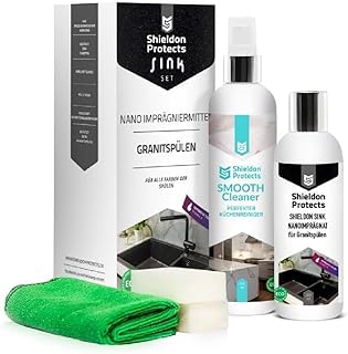 Shieldon Protects Kit de Nettoyage (250 ml) et Imprégnation (200 ml) pour Éviers en Granit avec Éponges et Chiffon Microfibre - Protection Hydrofuge pour Éviers Blanco Silgranit