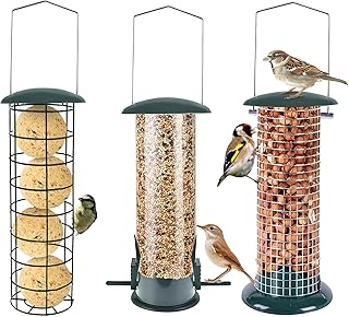 GREEN HAVEN Lot de 3 mangeoires à Oiseaux en métal – Tube, Maille Dense et Maille grossière – Mangeoires à Oiseaux à Suspendre pour Petits Oiseaux, écureuils et Rats