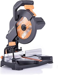 Evolution Power Tools Scie à Onglet Compacte Coupe Multi-Matériaux Lame TCT Incluse Coupe le Bois, le Métal, le Plastique, 45° - 45° Angle de Onglet et 45˚ Angle de Biseau- 1200W, 210mm - R210CMS